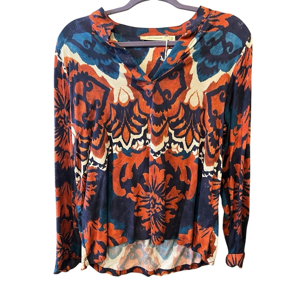 La Fee Maraboutee Ecovero Viscose Floral Ikat Blouse Blue Auburn NWT Size 42